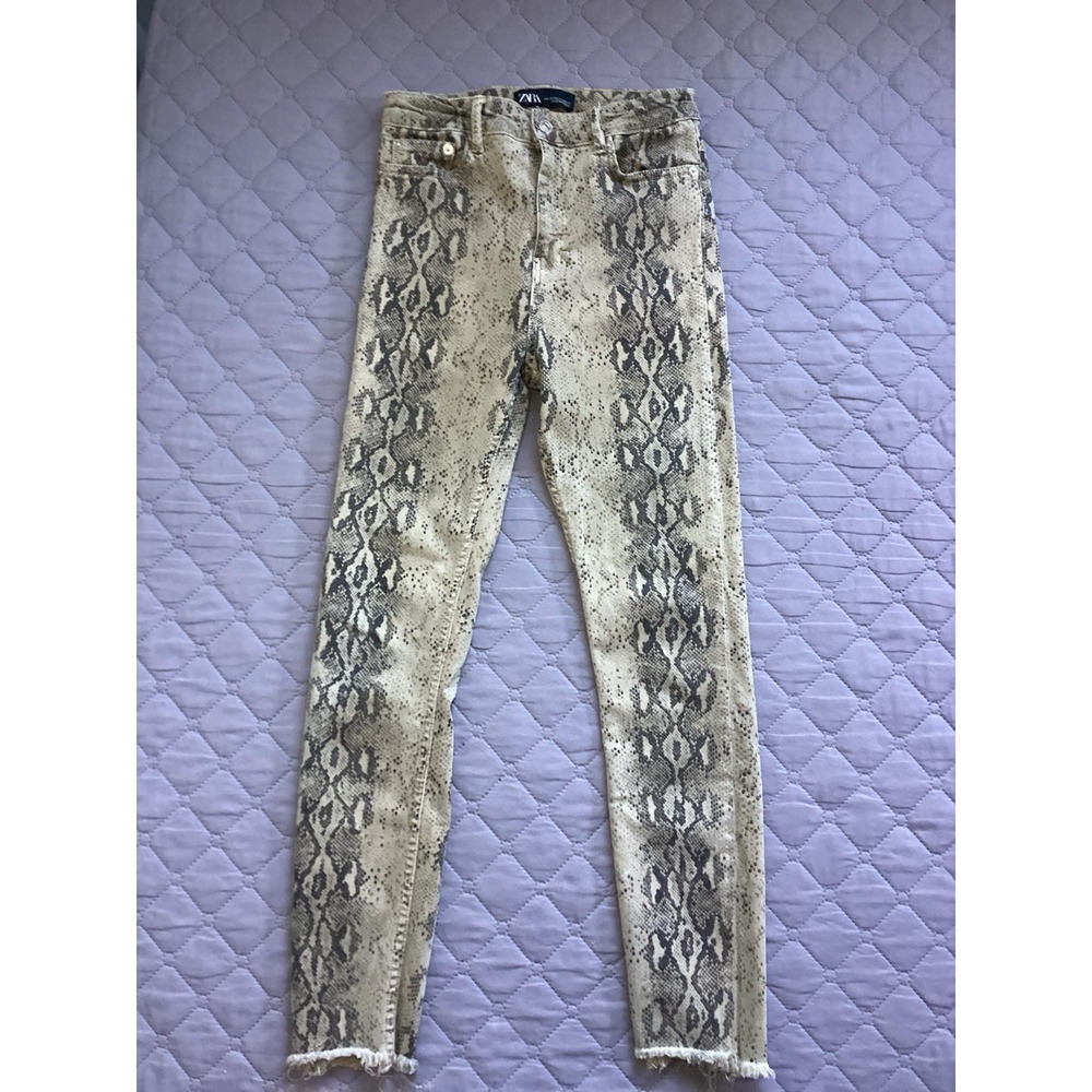 Zara Snake‎ Animal Print High Rise Raw Hem Skinny Denim Jeans Womens Size 4